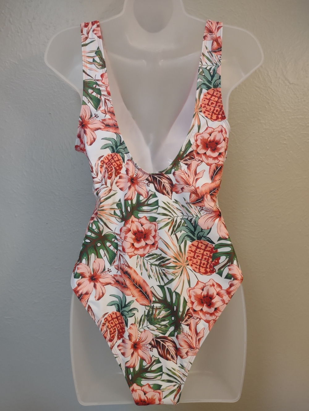 Floral Tropical One-Piece Wrap Front Swimsuit – Orange & Pineapple Print Large - Picture 7 of 10
